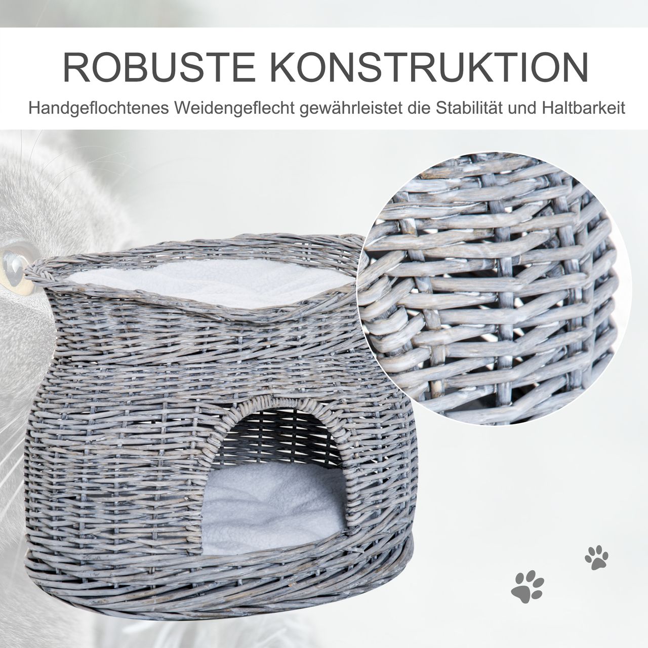 PawHut zweistöckiges Katzenhaus, Katzenbett Katzenhöhle, Katzenkorb mit 2 Kissen, Weidenkorb mit Liegedach, Grau, 56 x 37 x 40 cm