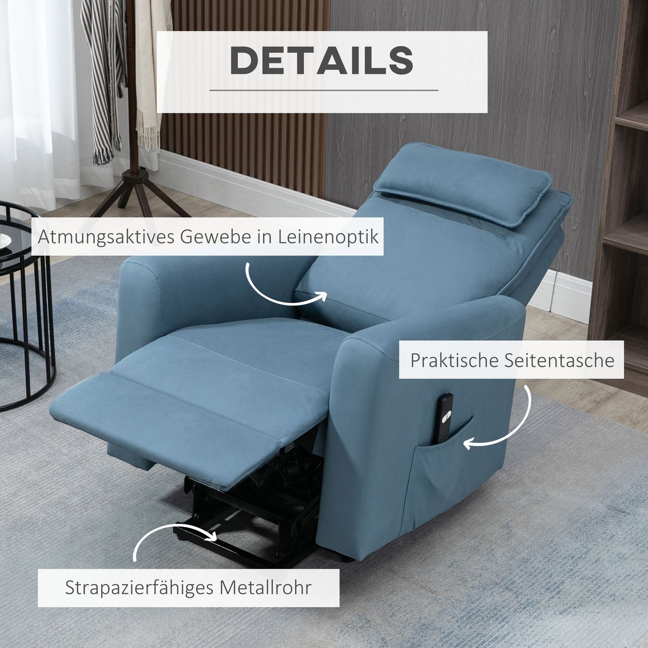 HOMCOM Elektrischer Aufstehsessel Relaxsessel mit Aufstehhilfe, Samt, Blau