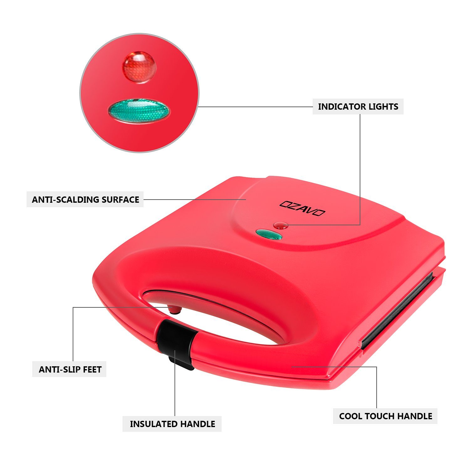 Gotoll Sandwichmaker GLHS115, 750 W, Sandwichtoasts, antihaftbeschichtete Platten, leichte Reinigung, kein Anbrennen, Sandwich-Grill, Kontaktgrills