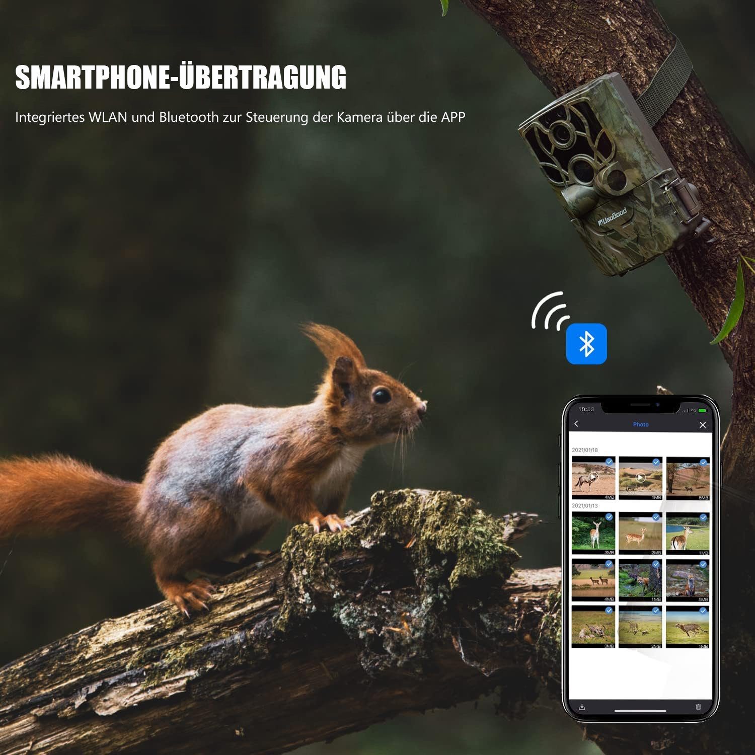 Usogood TC80 WLAN Wildkamera 4K 48MP 30fps Wildkamera mit Bewegungsmelder Wildkamera (Außenbereich, Wild, Bluetooth mit Nachtsicht, bewegungsaktivier,60°/120° Bewegungssensor, 0.3s Auslöserbewegung aktiviert 20 Meter 120°Weitwinkel, 36 Stück 850-nm-I