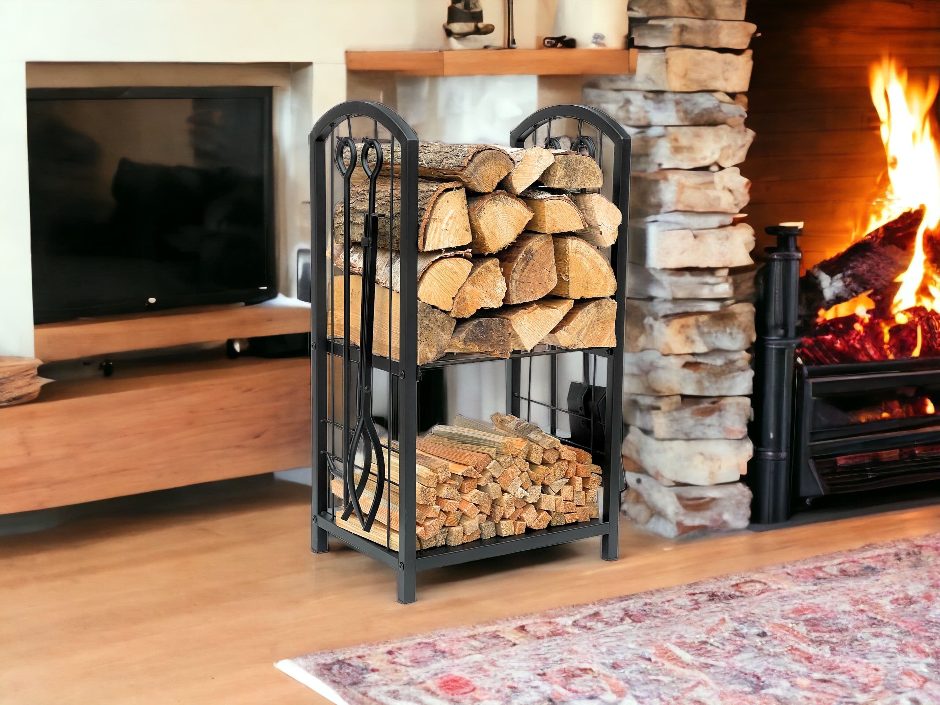 DanDiBo Kaminholzregal Kaminholzregal Metall Schwarz 72 cm mit Kaminbesteck Kaminholzständer