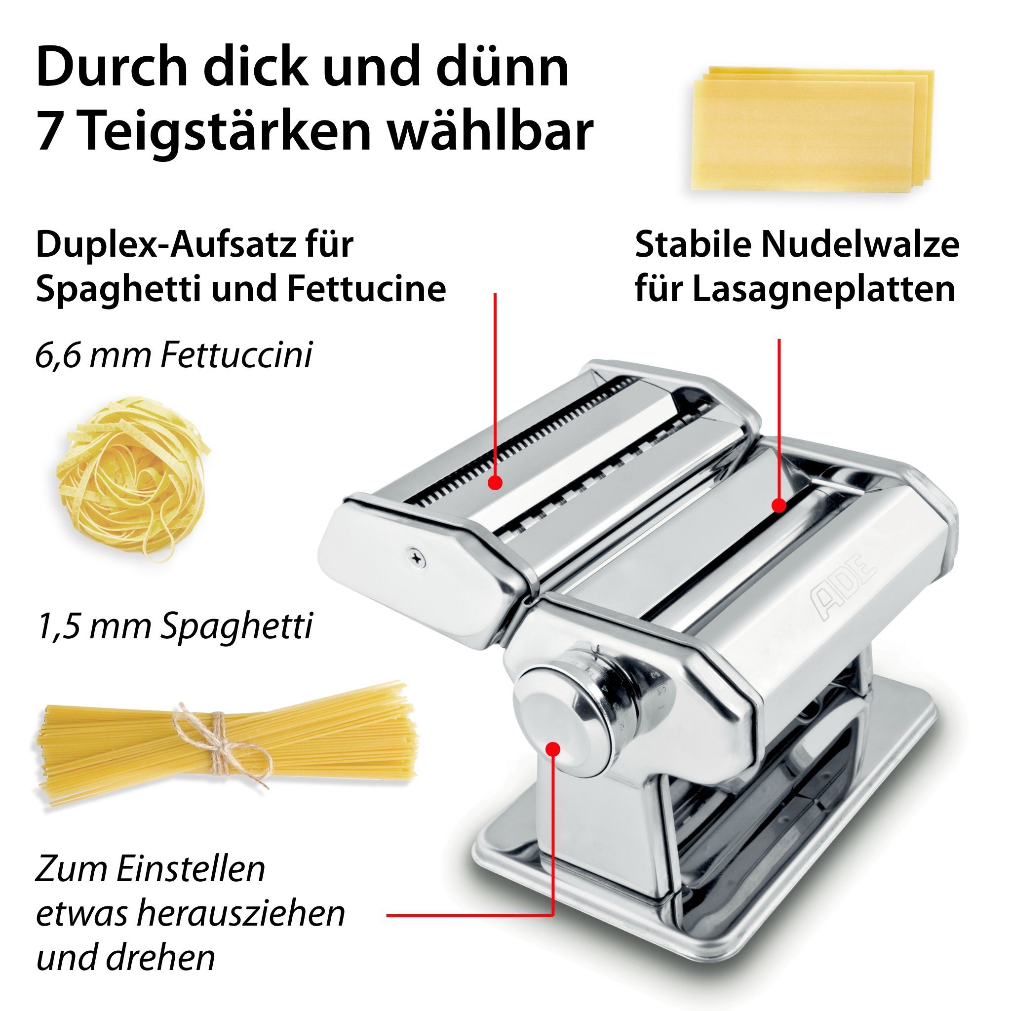 ADE Nudelmaschine Edelstahl, manuelle Pastamaschine, Pastamaker zur Herstellung von Lasagneplatten, Spaghetti, Fettuccine