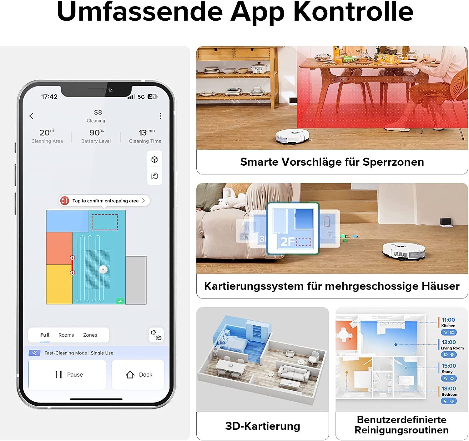 Roborock Saugroboter S8, 69,00 W, 6000Pa, DuoRoller-Bürste, Reactive 3D-Hindernisumgehung, Auto-Mop Lift, Teppich-Detektion, Kindersicherung, APP Control