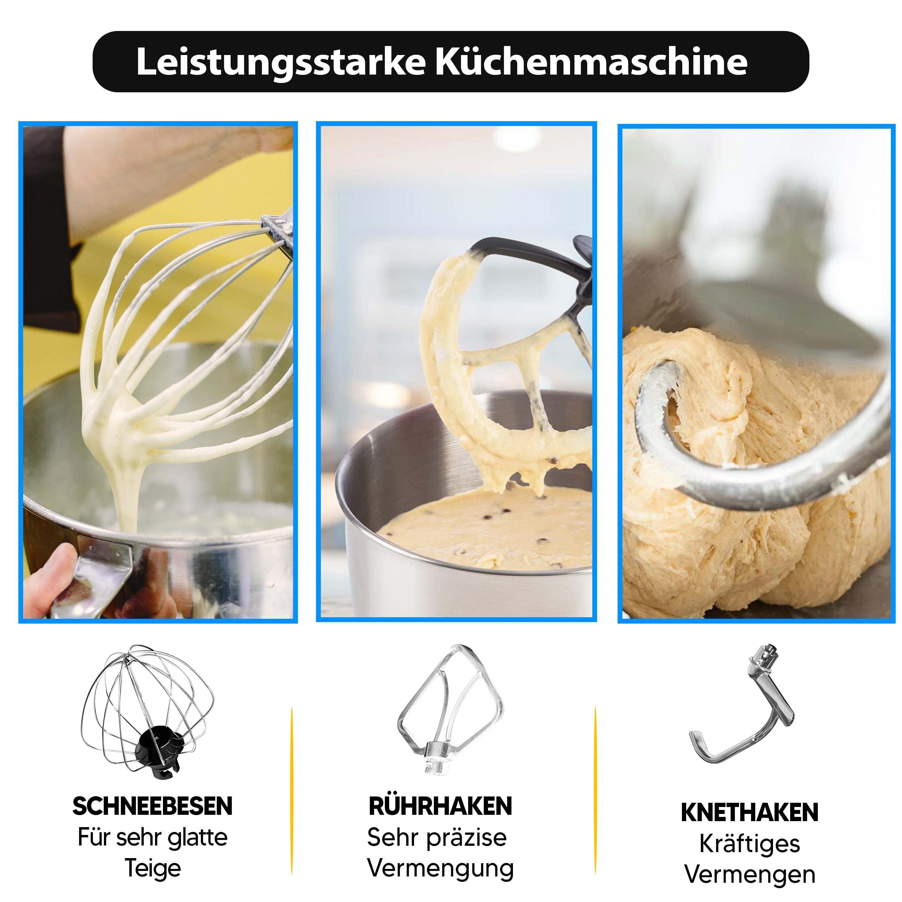 Blaupunkt Küchenmaschine MEN787 Küchenmaschine, Knetmaschine, Rührmaschine mit Knethaken, 1300 W, 5,50 l Schüssel, Edelstahl, 10 Stufen Mischen Schlagen Kneten, Knetmaschine für teig