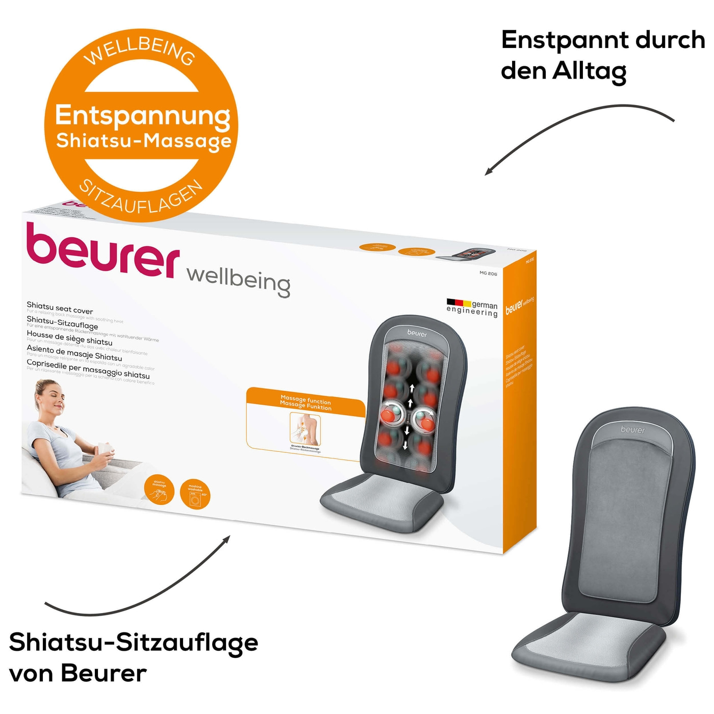 Beurer MG 206 Shiatsu-Sitzauflage-Sitzauflage für Rückenmassage mit 4 Massageknöpfen, Licht & Wärmefunktion