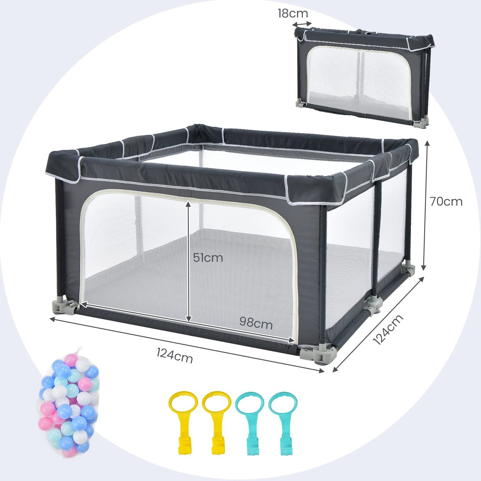 COSTWAY Laufgitter Baby Laufstall, mit 50 Bälle & Netzwänden & Tür