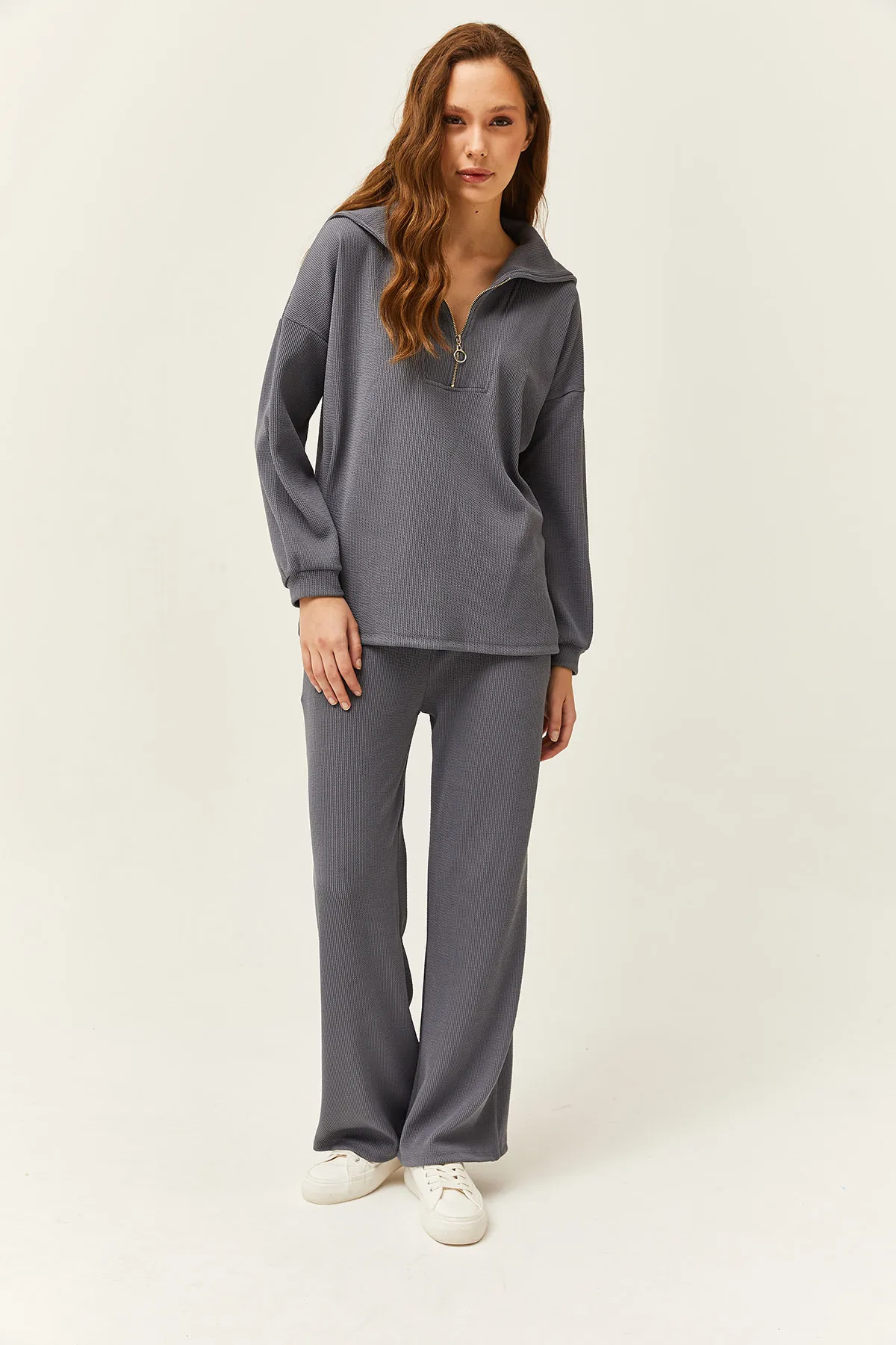 Olalook  Damen-Set mit geräuchertem Oberteil, Pullover mit Reißverschluss und Palazzo-Hose, TKM-19000240