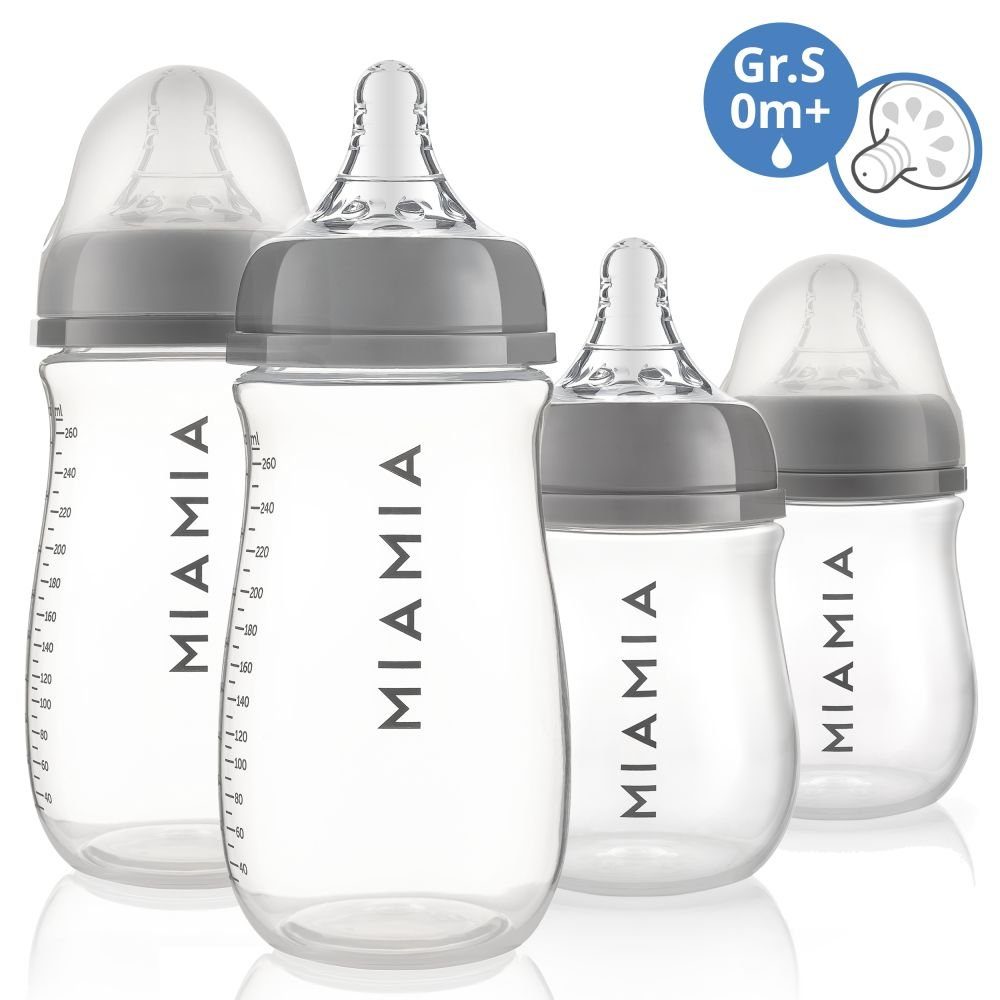 MiaMia Babyflasche PP-Flasche - Grau, 4er Pack Babyflasche 140 ml & 260ml + Silikon-Trinksauger Größe S
