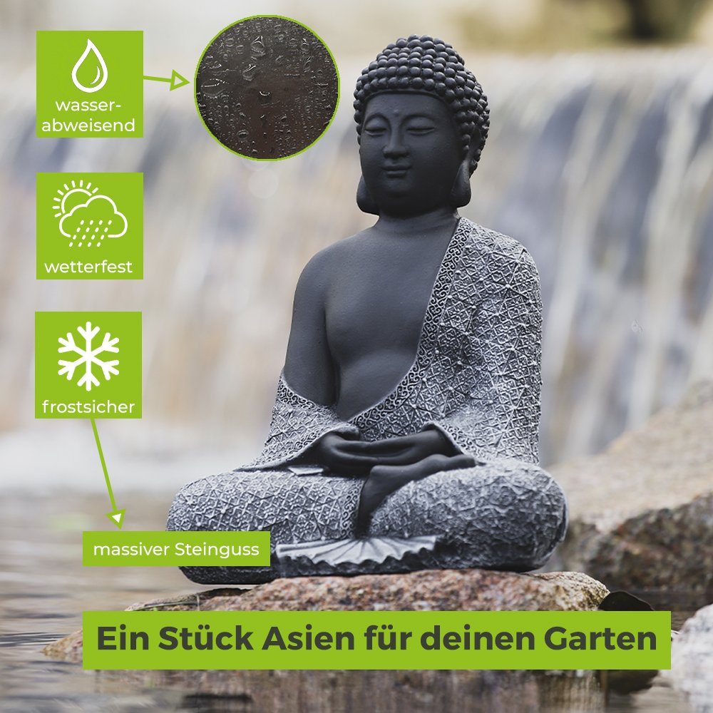 Tiefes Kunsthandwerk Buddhafigur Buddha Figur Stein sitzend - Statue für Garten und Haus, frostsicher, winterfest, Made in Germany