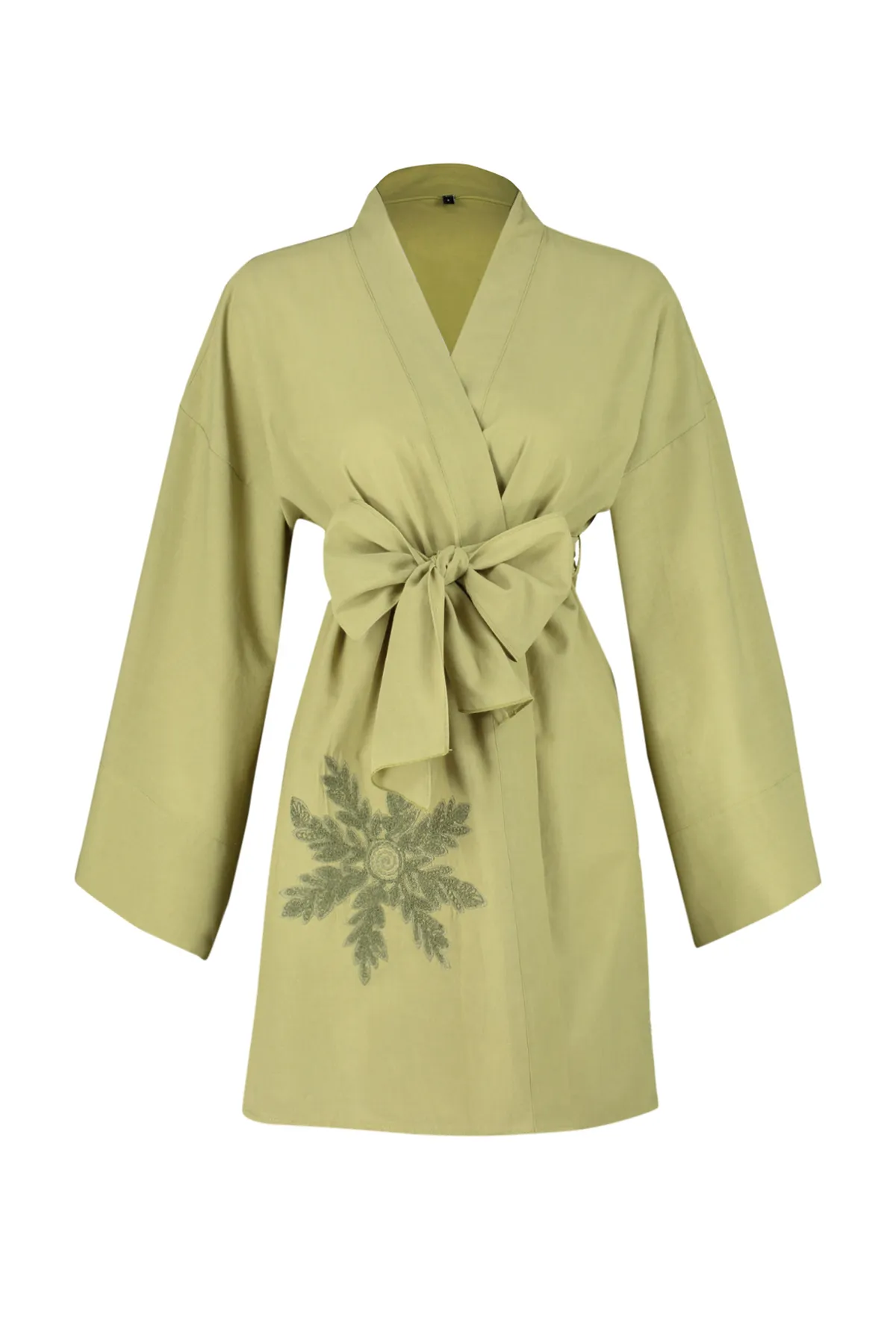 Trendyol Collection  Ölgrüner Mini-Kimono und Kaftan aus 100 % Baumwolle mit Gürtel, Stickereien und Stickereien TBESS24KM00008