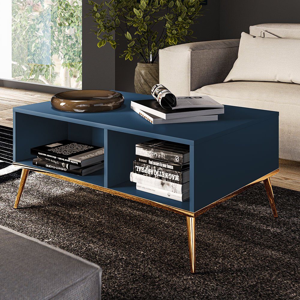 Lomadox Wohnwand MONTPELLIER-131, (4-St., 4-tlg), dunkelblau, LED-Beleuchtung, Füße & Griffe goldfarben, mit Couchtisch