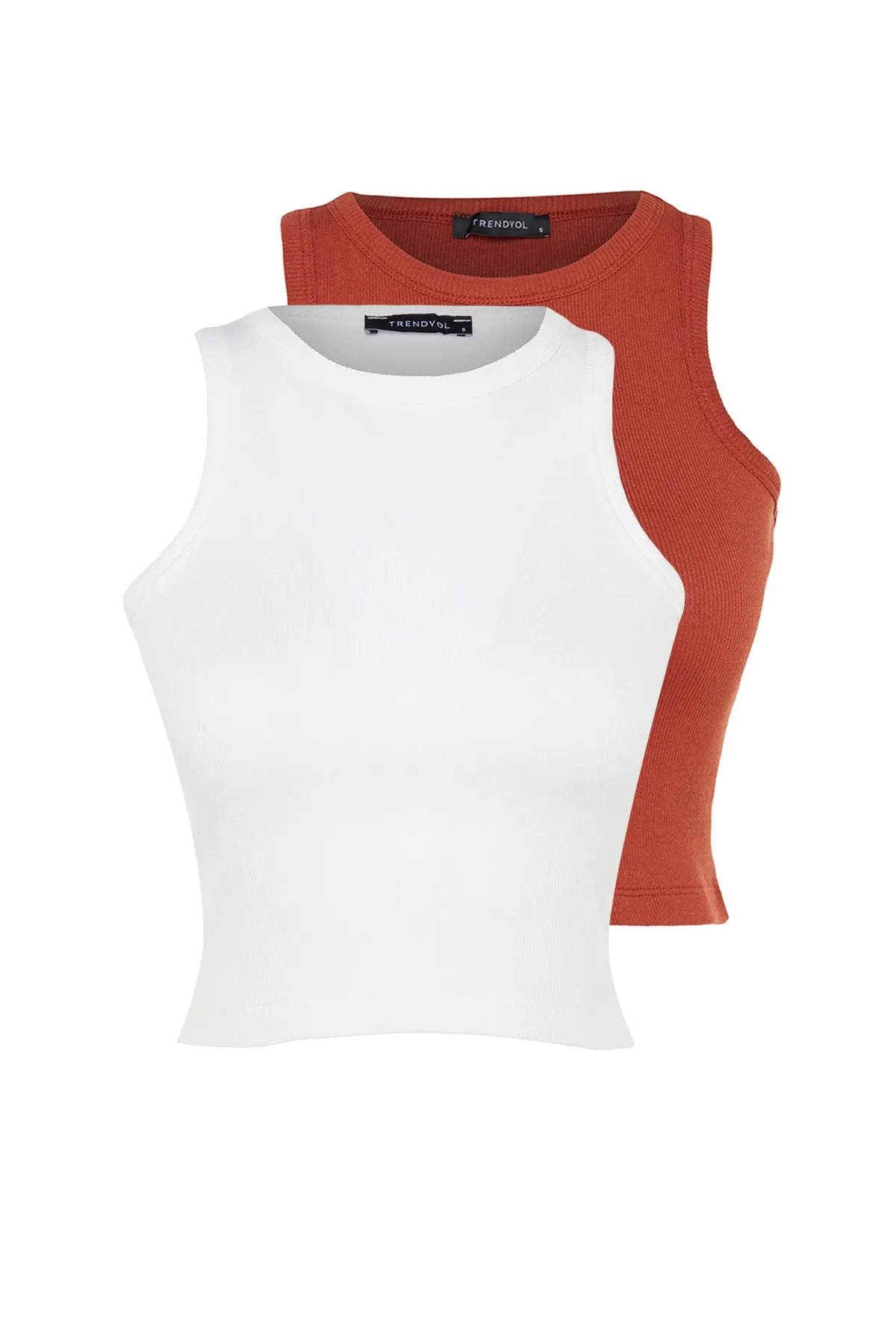 Trendyol Collection  Zimt-Ecru 2er-Pack tailliertes/tailliertes Crop-Tanktop mit Neckholder-Kragen, geripptem flexiblem Strick TWOSS21AL0058