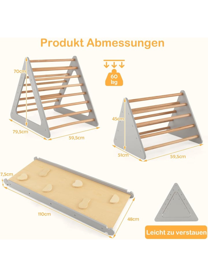 COSTWAY 3 in 1 Kletterdreieck mit Leiter in Grau günstig kaufen 70 cm