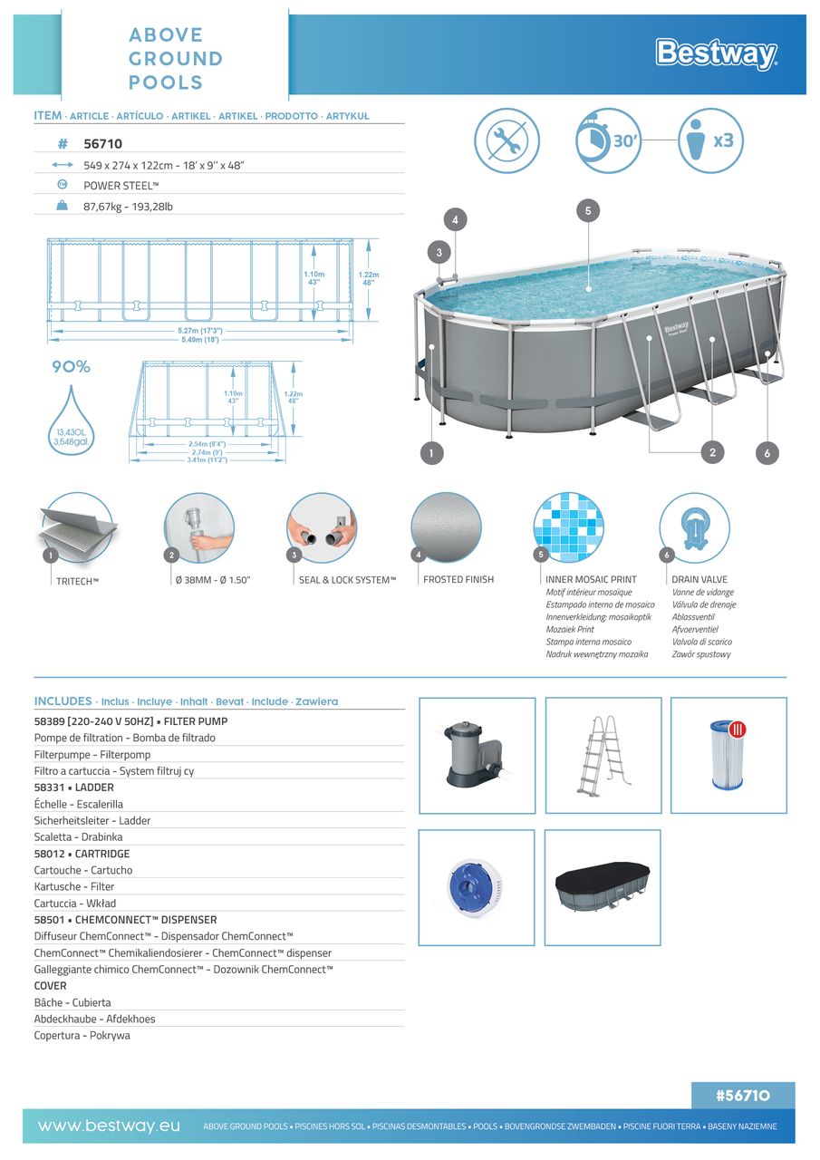 Bestway Power Steel™ Frame Pool Komplett-Set mit Filterpumpe 549 x 274 x 122 cm, grau, oval