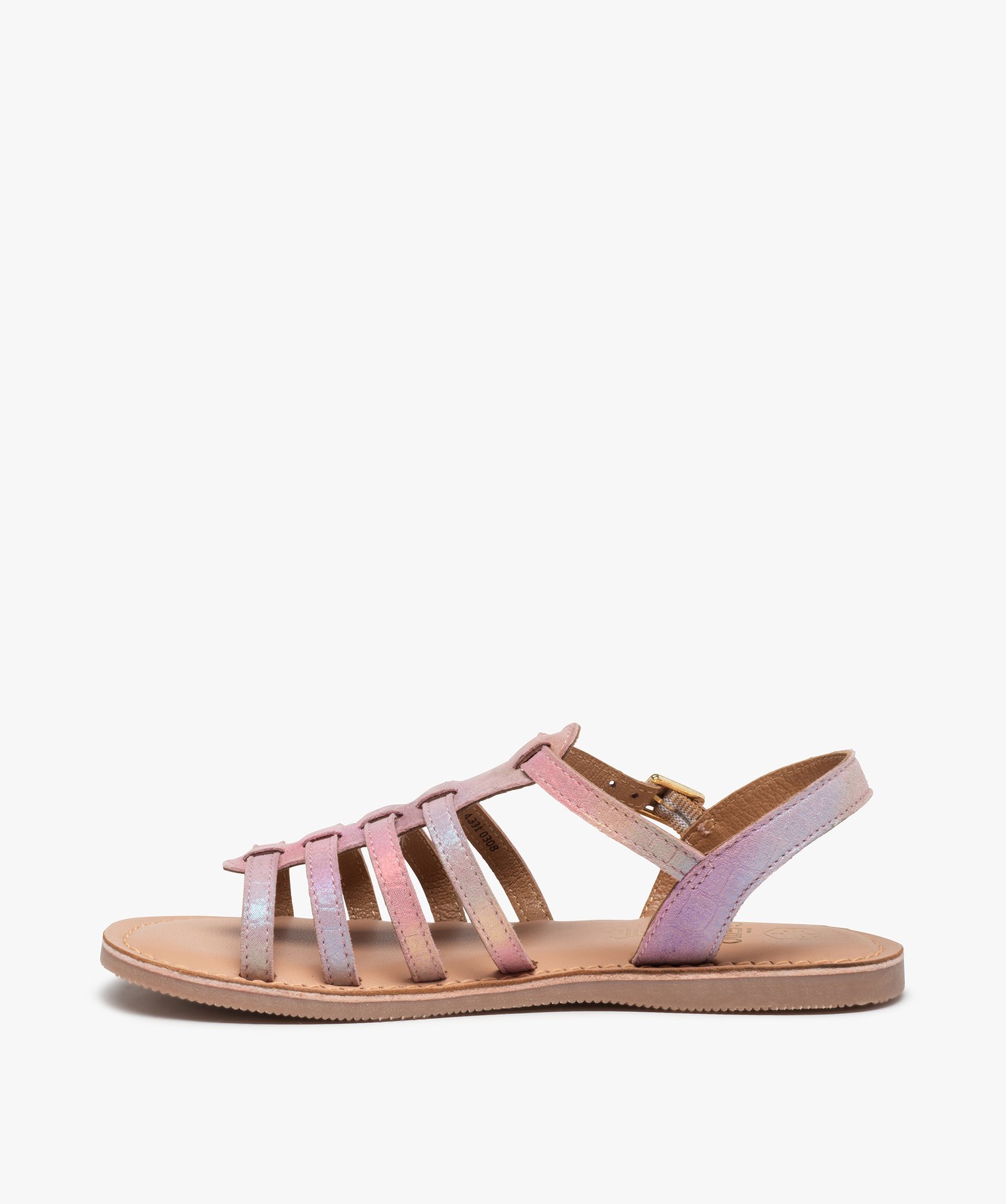 Sandales fille à brides multiples en cuir reflets irisés rose | GEMO