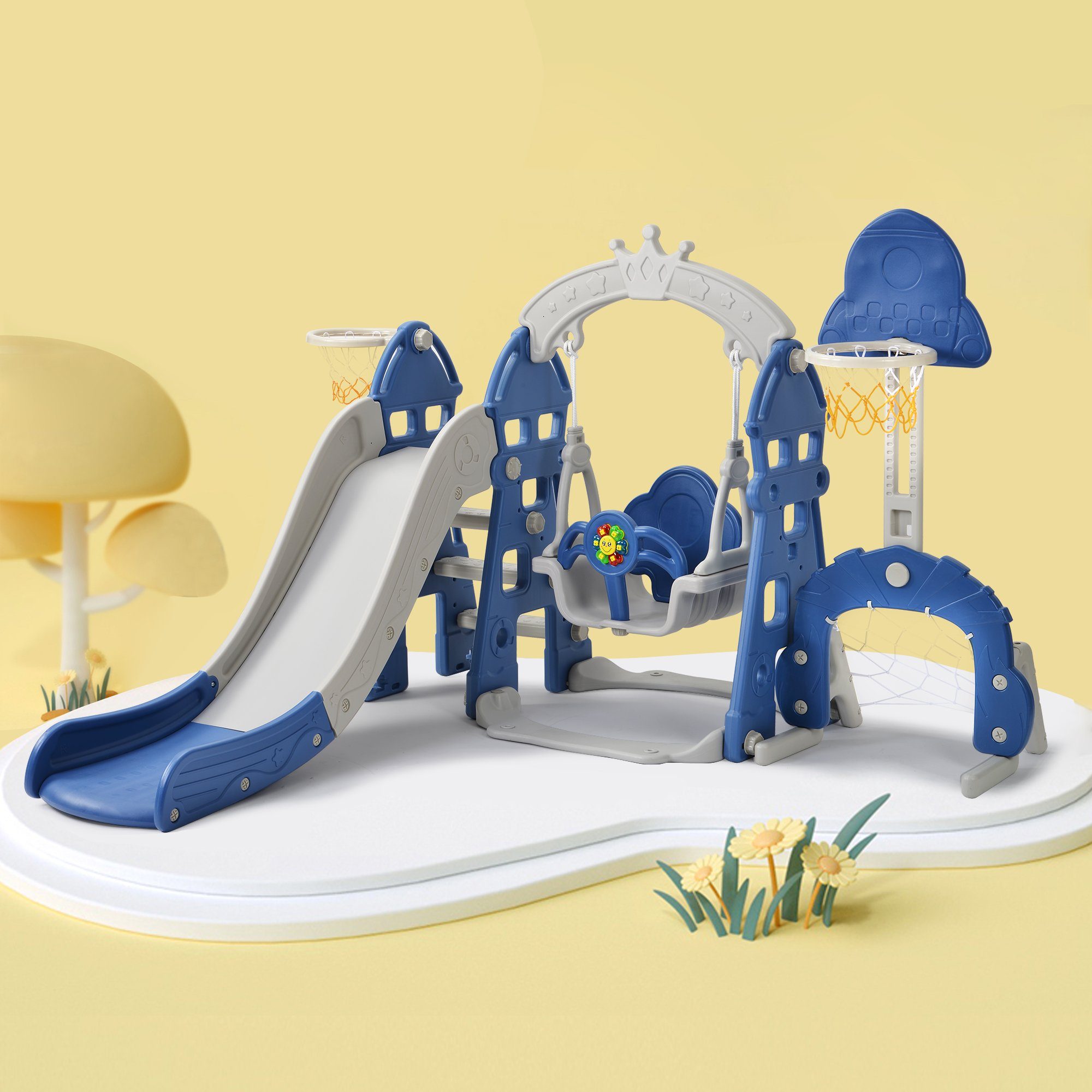 REDOM Indoor-Rutsche 5 in 1 Rutsche Kinderrutsche Fun-Slide Schaukel Kleinkinderrutsche, (Schaukel Rutsche Gartenrutsche + Basketballkorb Fußballtor Kletterturm), mit Rutschbahn für 2-8 Jahre Kinder Indoor & Outdoor