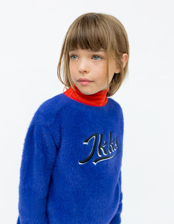 Pull bleu pailleté et brodé maille mousseuse fille