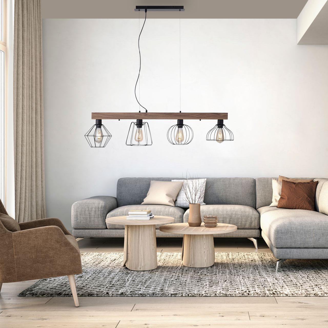 JUST LIGHT LeuchtenDirekt Pendelleuchte KASKA, Holzdekor, 4xE27 max. 40 W, Innenleuchte, IP20