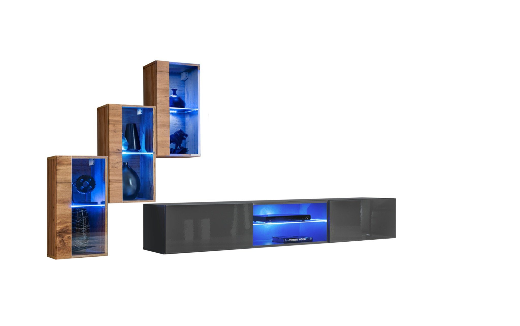 JVmoebel Wohnwand Komplett Modern Wohnwand Wand TV-Ständer 3x Hänge Vitrine, (4-St., TV Ständer + 3x Hänge Vitrine), LED beleuchtet