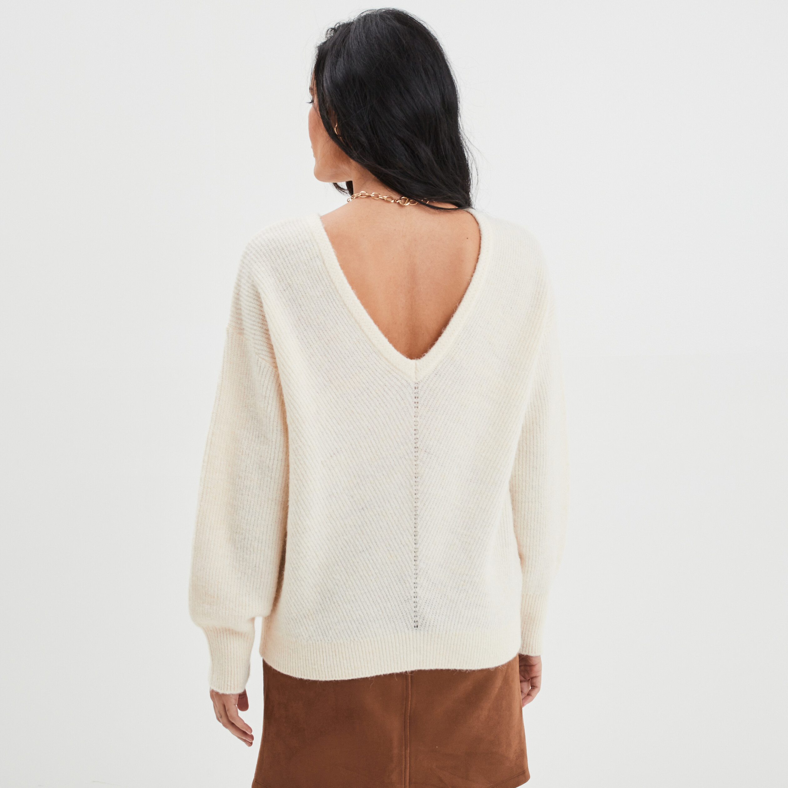 Pull réversible dos col en V creme femme | La Halle