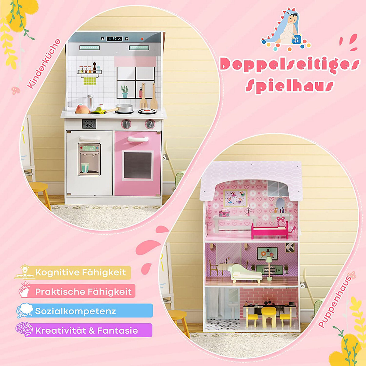 2 in 1 Puppenhaus Spielküche doppelseitig