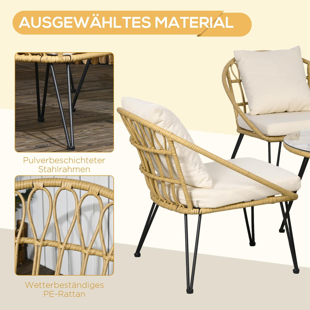 Outsunny Polyrattan Gartenmöbel-Set, Sitzgarnitur, 1 Esstisch & 4 Stühle, Beige