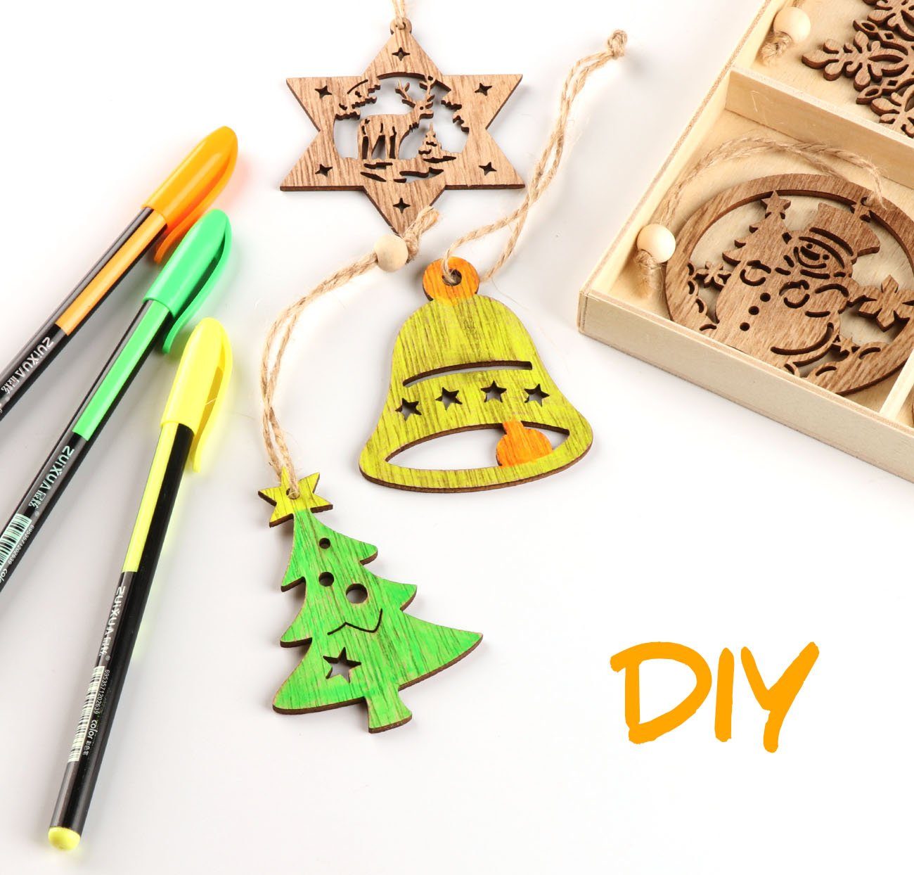 Homewit Christbaumschmuck Personalität Weihnachtsbaum Deko Mit Hanfseil, beweglichen Holzperlen (12-tlg), für DIY Basteln Geschenk Weihnachtsdeko