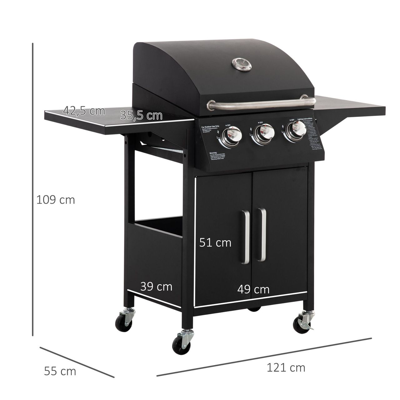 Outsunny Gasgrill BBQ mit 3 Brennern je 3 kw mobiler Grillwagen mit 4 Rädern Grillnetz Seitentischen Druckminderer Schläuche Schrank Multifunktion Stahl Schwarz 121 x 55 x 109 cm