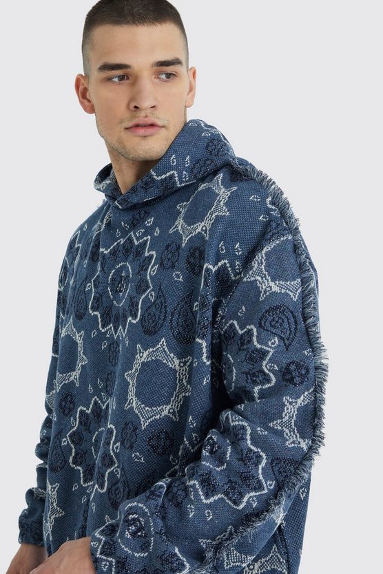 Tall Oversize Jacquard Hoodie mit Fransen