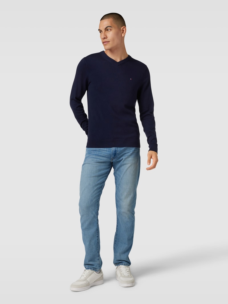 Strickpullover mit V-Ausschnitt Modell 'PIMA' in marineblau