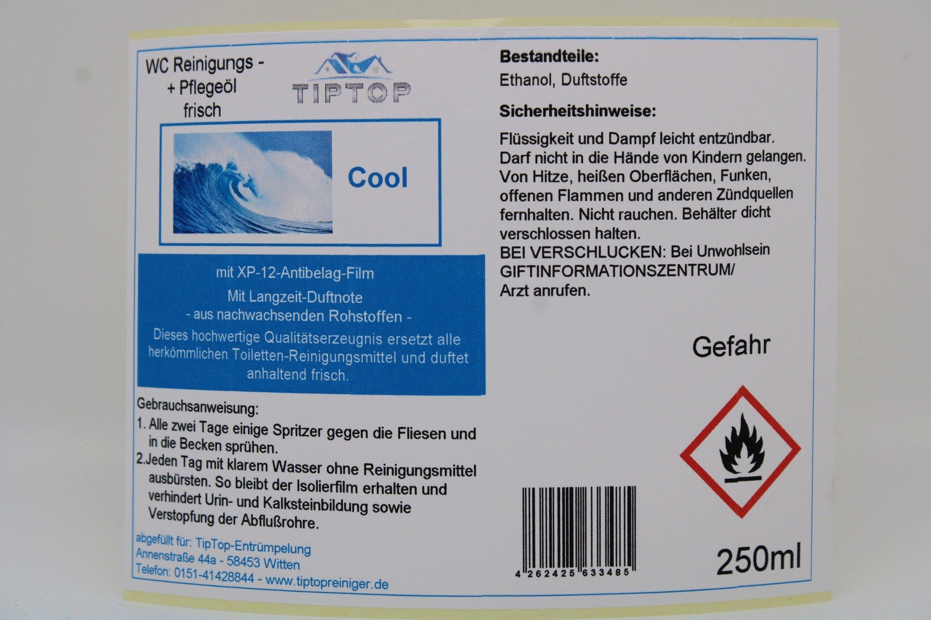 TIPTOP Raumduft WC Reiniger Reinigungs und Pflege Öl frisch 250 ml (verschiedene Duftnoten, Alpenkönig, Cool, Eukalyptus, Fichte, Lavendel, Pfefferminze, Zirbe, Neutral ohne Duft)