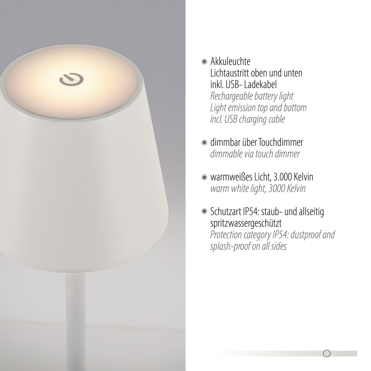 JUST LIGHT Akku-Stehleuchte EURIA, 1x LED-Board/2,50Watt/3000Kelvin, IP54, Weiss