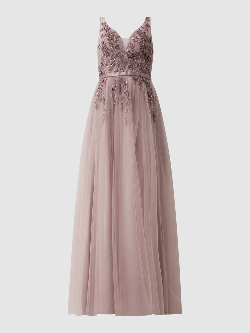 Abendkleid aus Tüll mit Blüten-Applikationen in rosa