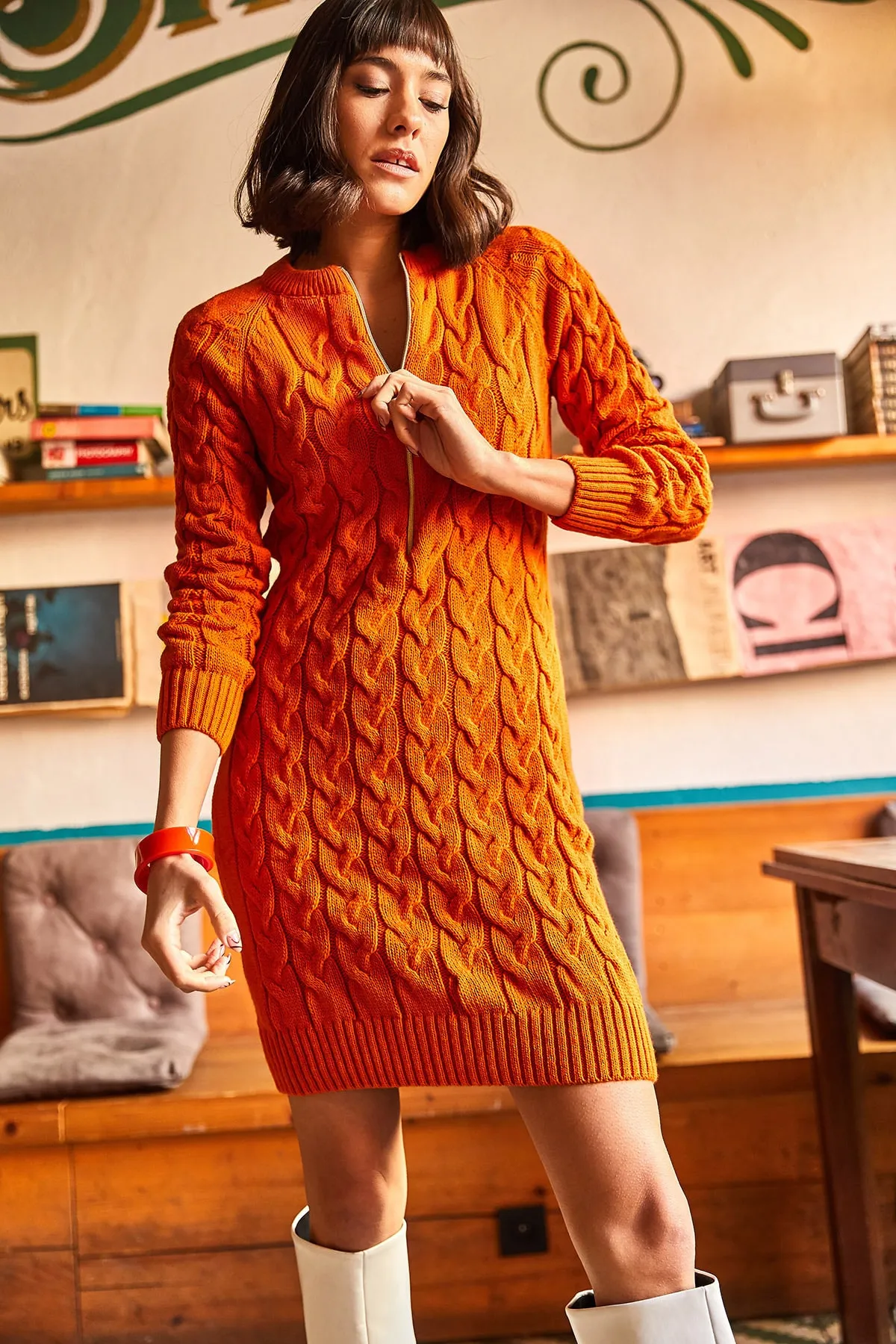 Olalook  Geflochtenes Strickkleid mit orangefarbenem Reißverschluss für Damen ELB-19001362