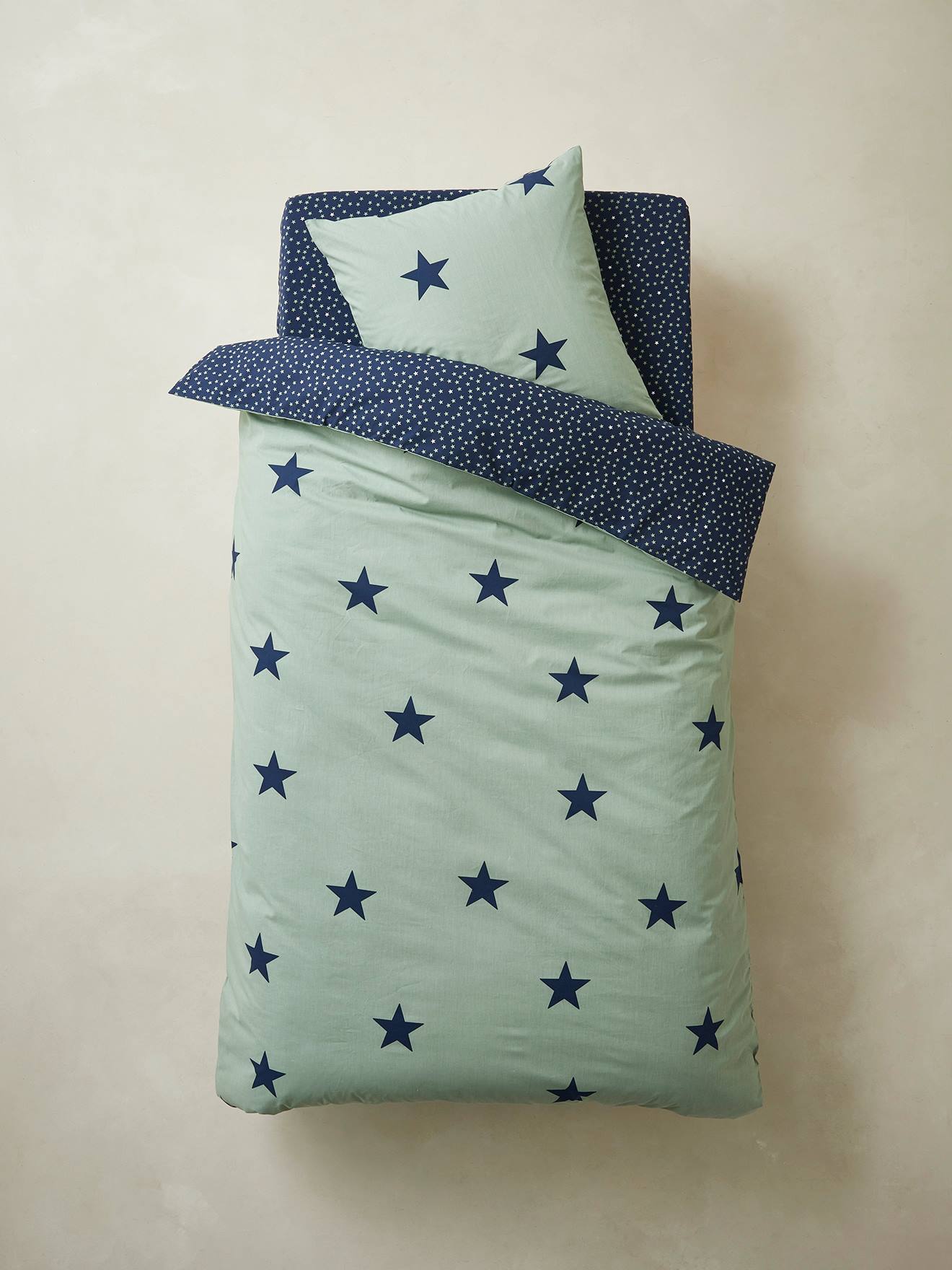 Parure housse de couette + taie d'oreiller enfant DREAM BIG basics kaki / étoiles marine