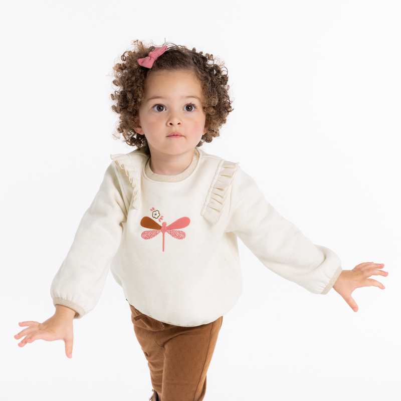 Sweat libellule brodée en molleton beige bébé fille
