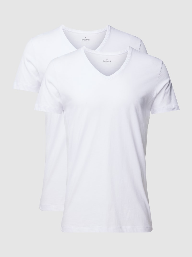 T-Shirt mit geripptem V-Ausschnitt in weiß