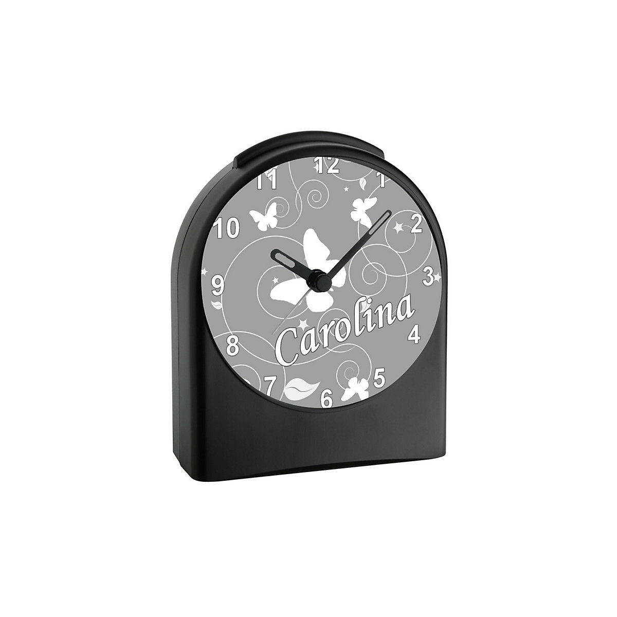 Kinder Funkwecker personalisiert mit Namen Schmetterling Ornamente Atom-/Funkuhr, 12-Stunden-Anzeigeformat, Schlummerfunktion, Nachtlicht, Geräuschlos/Ohne Ticken
