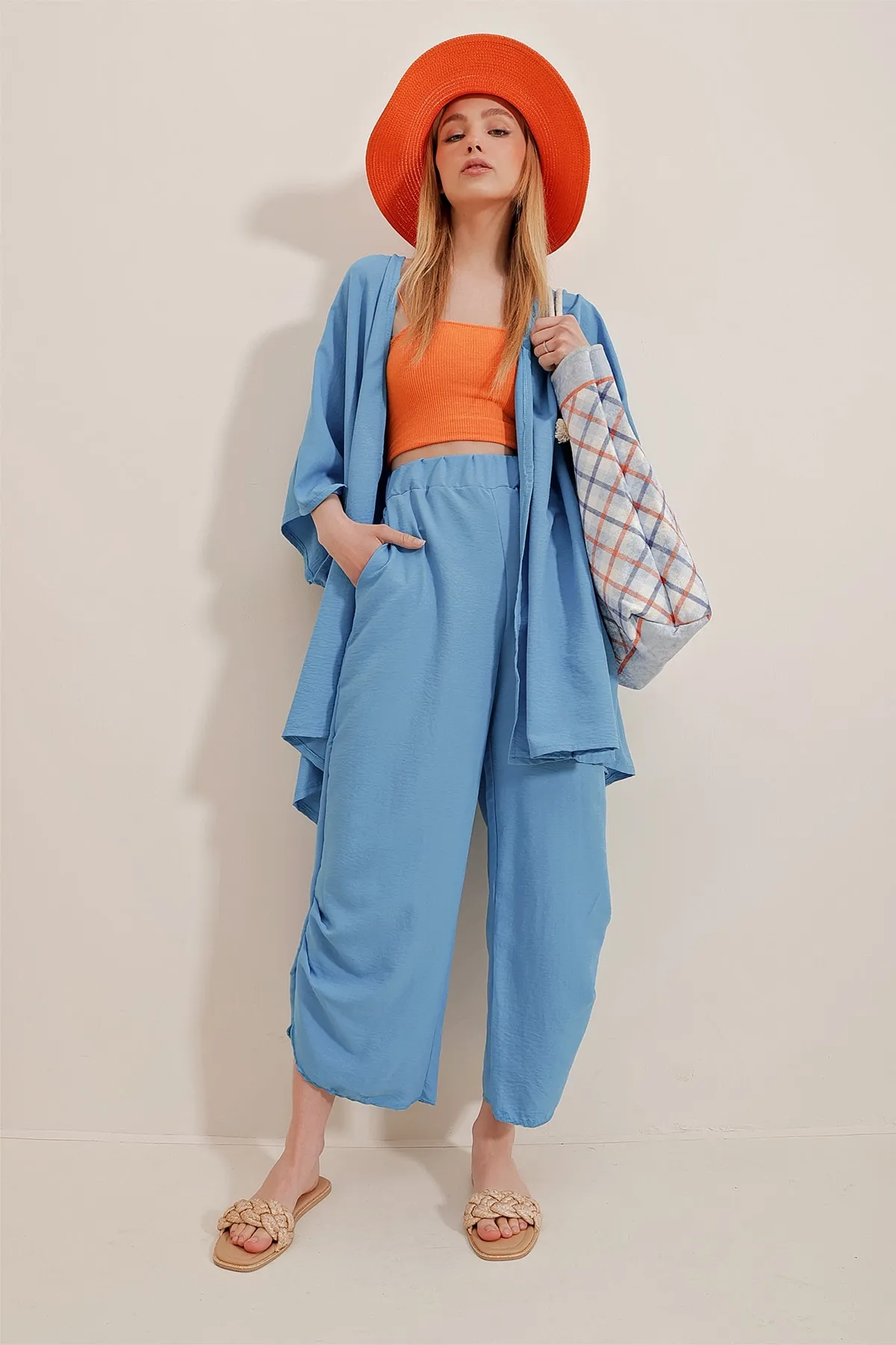 Trend Alaçatı Stili  Damen Fliegerblauer Hosen- und Jackenanzug mit Schlitz am Bein, selbststrukturiert, ALC-752-001