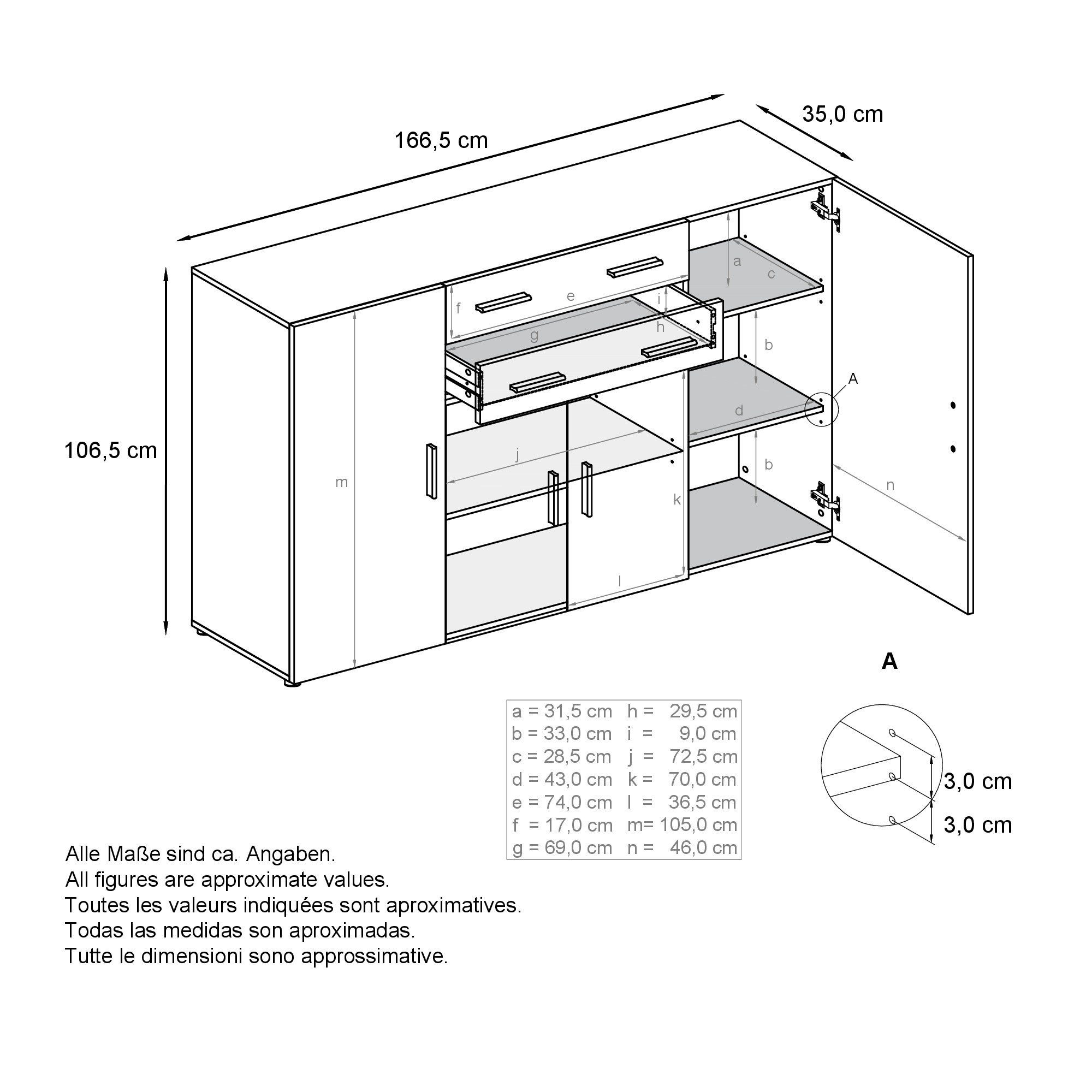Vladon Highboard Aron (Anrichte, mit 4 Türen und 2 Schubladen), Weiß matt/Avola-Anthrazit (166,5 x 106,5 x 35 cm)