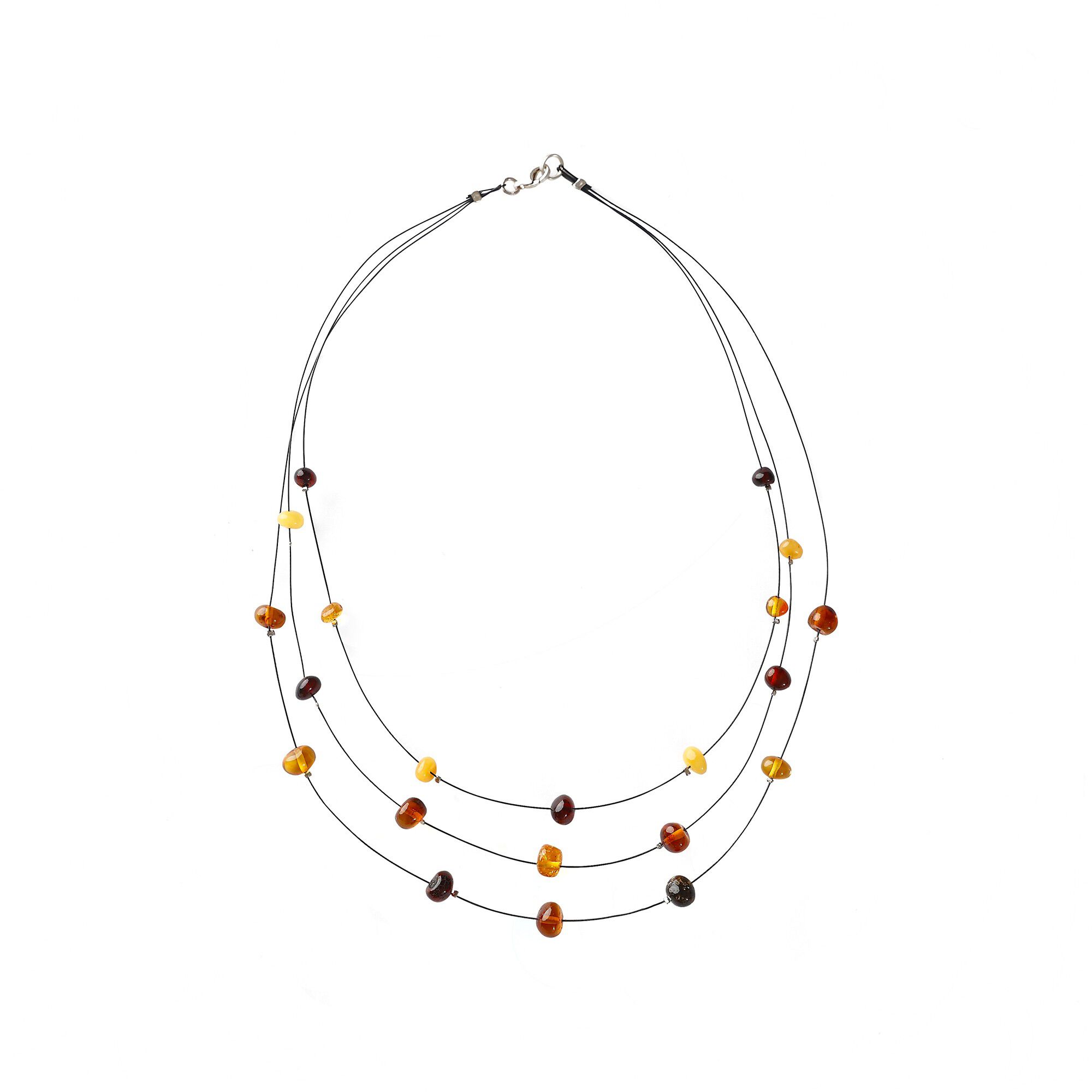 Collier triple argent serti de perles ambre