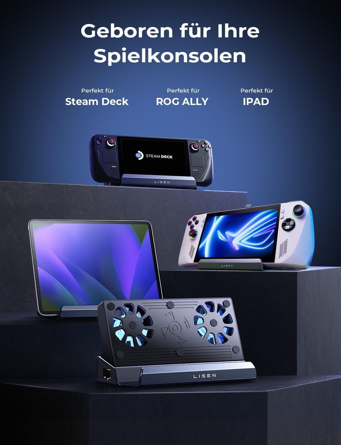 Haiaveng Festplatten-Dockingstation Dock für Legion Go/ROG Ally/ Steam Deck mit HDMI 4K@60Hz, Lüfter, (10 St), 10 in 1 Dockingstation mit USB 3.0 & 2.0,Zwei Lüftern,Gigabit Ethernet