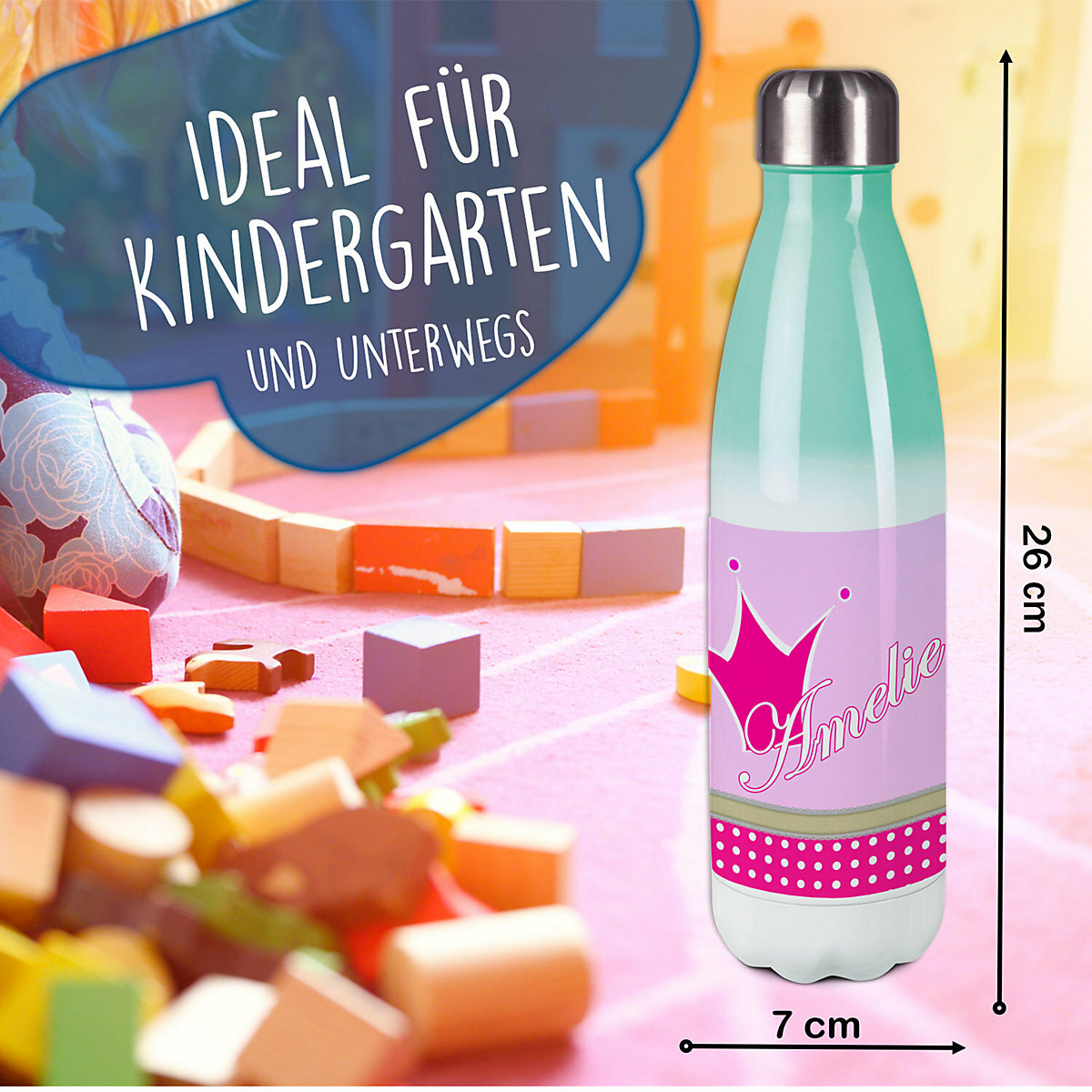 Edelstahl Kinder Thermoflasche / Trinkflasche bunt Krone Farbe pink Spülmaschinenfest, Auslaufsicher, Bruchfest, Doppelwandig, Für Heißgetränke geeignet, Mit Deckel, Isoliert