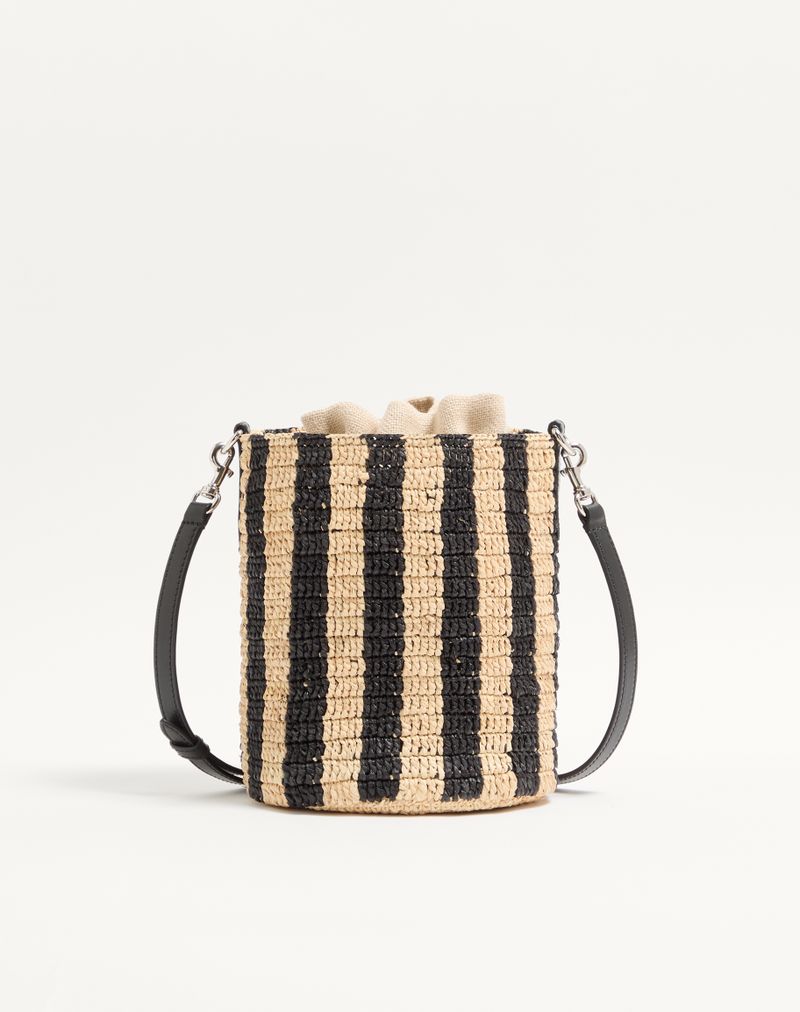 Valentino Garavani lille stribet raffia-buckettaske