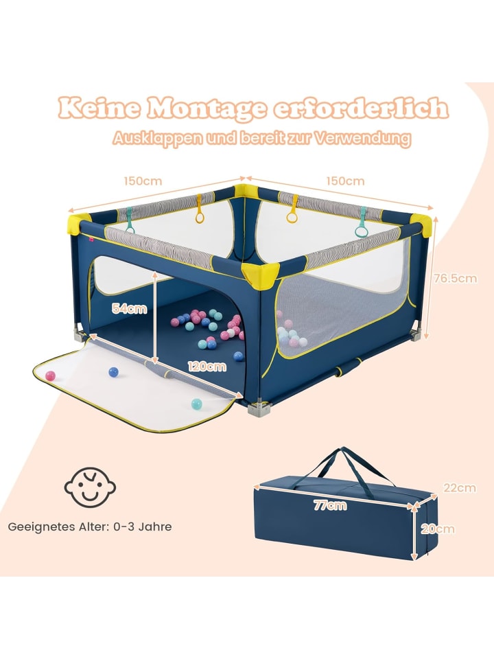 COSTWAY Laufgitter 150cm faltbar mit atmungsaktivem Netz & 50 Bälle in Blau günstig kaufen onesize