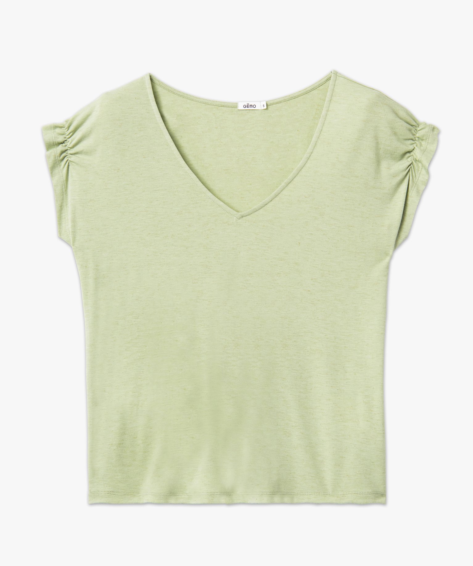 Tee-shirt femme à manches courtes froncées et col V vert clair | GEMO