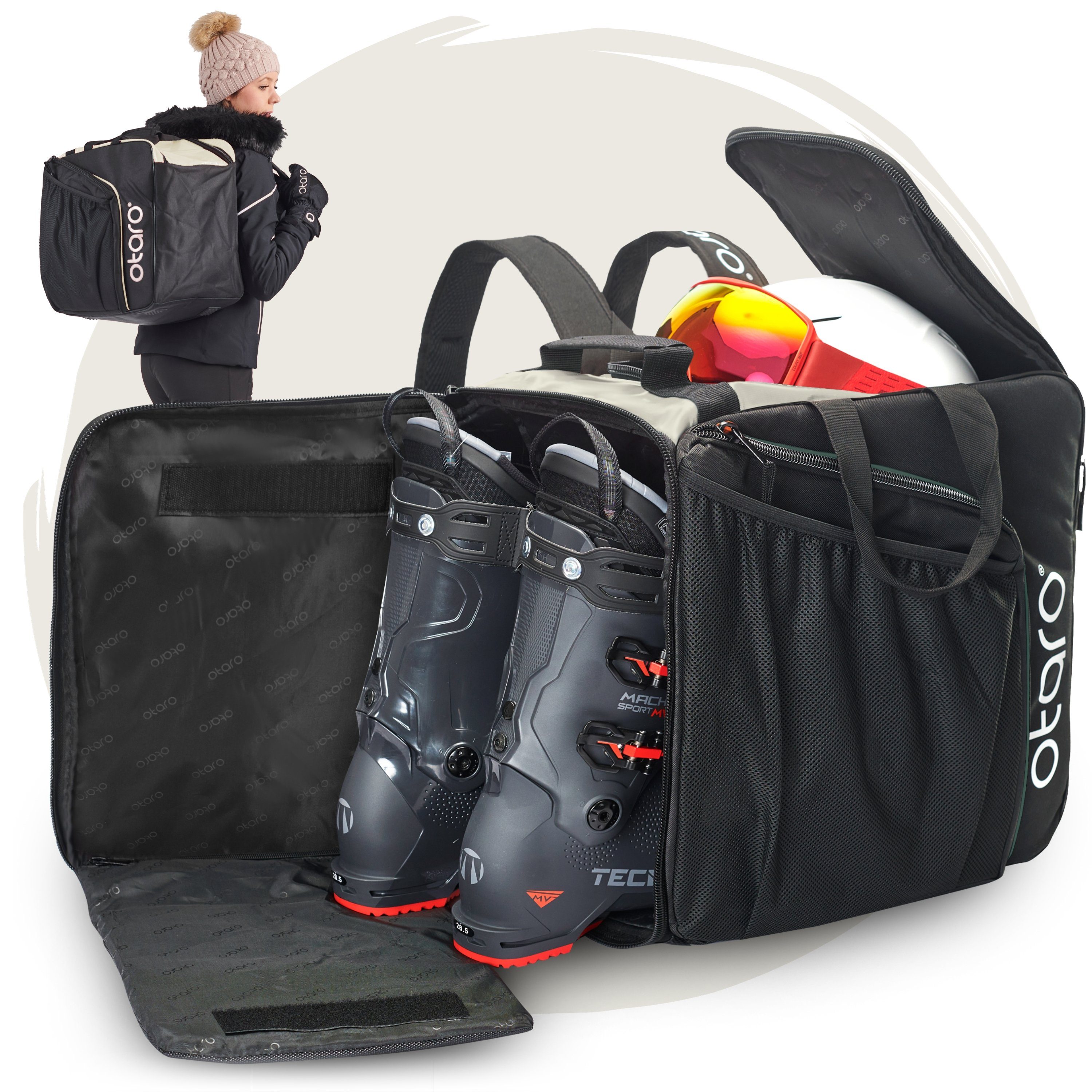 Otaro Sporttasche Skischuhtasche mit Helmfach & bequemen Rucksackträger, Pro 57L (Schutz für deine Ausrüstung, Perfekt durchdacht, ausklappbare Standfläche, für Skifahrer & Boarder)