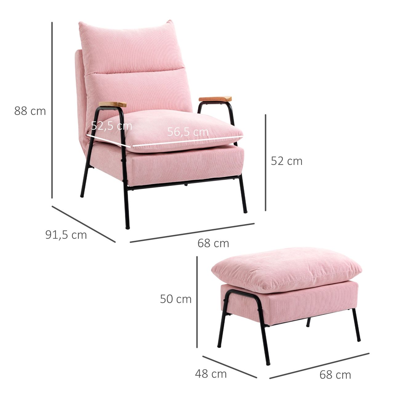 HOMCOM Ohrensessel mit Hocker, Relaxsessel mit neigbarer Rückenlehne, Rosa