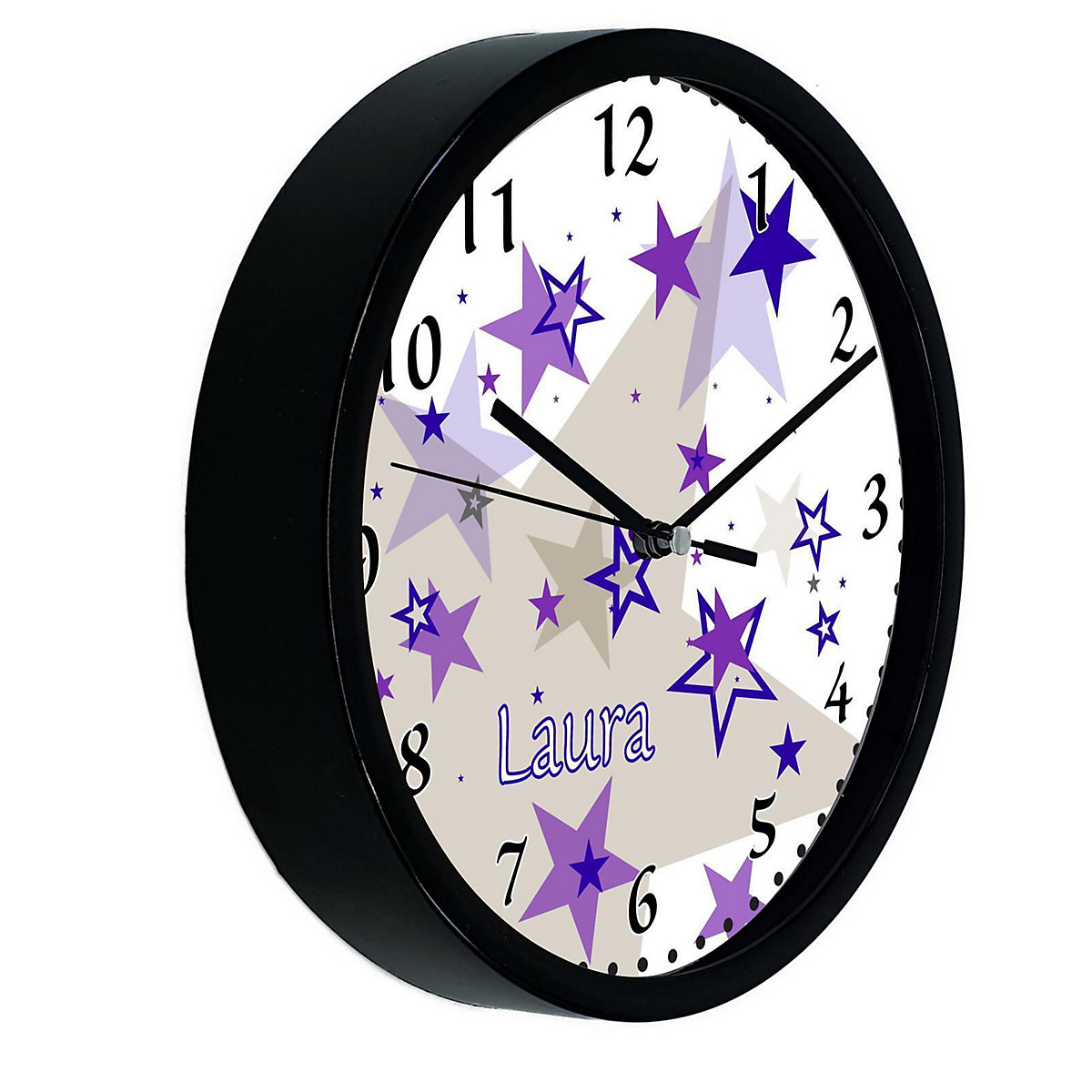 Kinder Wanduhr laufruhig personalisiert mit Name Sternenhimmel Lila Grau