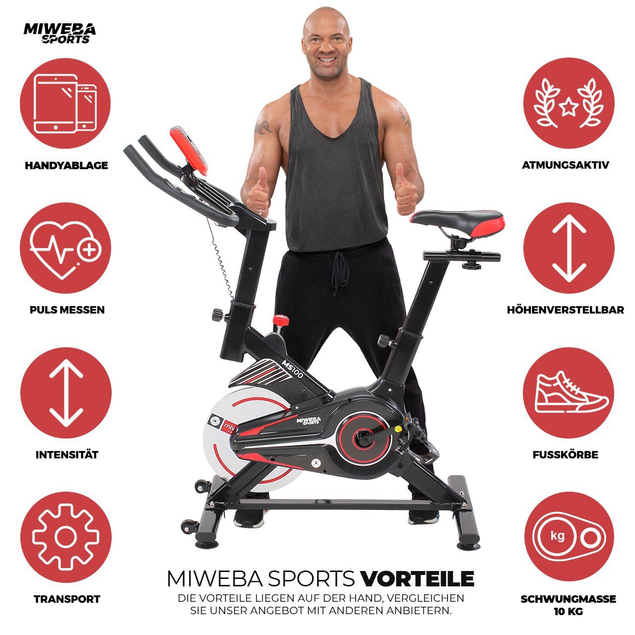 Miweba Sports Speedbike Profi Indoor Cycle Bike MS100 - 10 Kg Schwungmasse (Sportgeräte für zu hause, Heimtrainer Fahrrad, Trimmrad, Fahrradtrainer, Cardio, Sport, Training, Ganzkörpertraining, LCD Display, Pulsmesser, 2in1 Schlaufenpedale, Not-Stopp